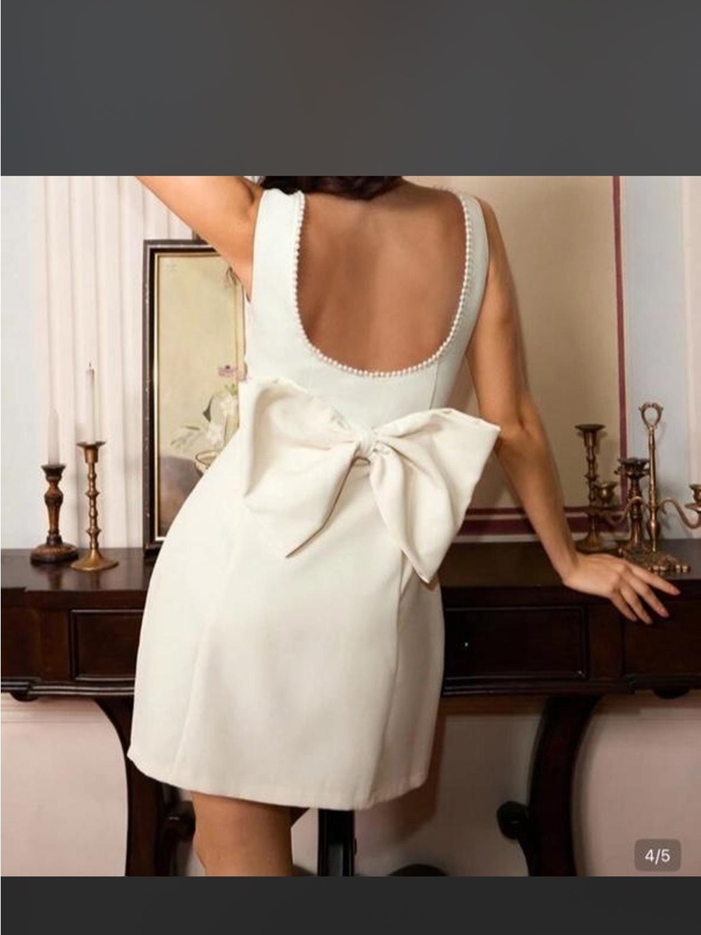 SHEIN Cream Pearl-Trim Back-Bow Mini Dress